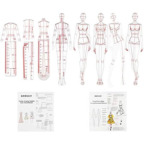 EXTCCT Fashion Drawing Template Ruler Set, Woman Sewing Humanoid Patterns Design, Clothing Measuring French Curve Rulers A4 Pattern Paper Draft Drawings Cover