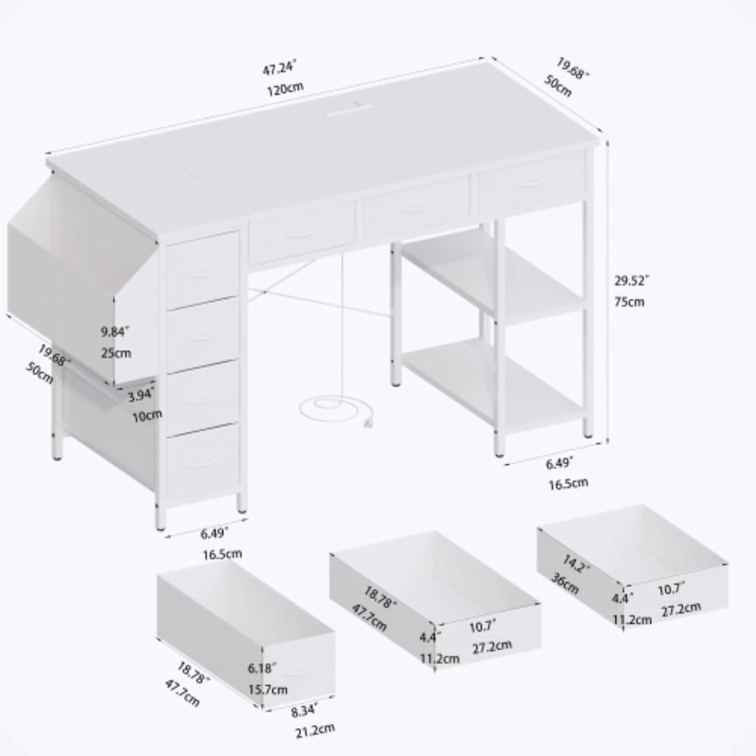 47" Computer Desk, Desk with Power Outlet, Writing Desk, Home Office Desk, Dressing Table with 7 Fabric Drawers, Large Side Pockets, White, Modern Minimalist Style