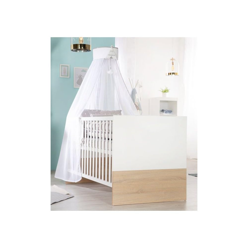 roba Chambre Bébé Complète Gabriella - Lit Évolutif 70 x 140 cm + Commode à Langer + Armoire 3 Portes - Blanc / Décor Bois