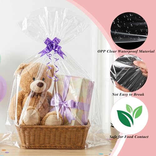 Image of woric 20 PCS Clear Large Cellophane Bags 3 Sizes 30x40 24x30 16x24in | Cellophane Wrap for Gift Baskets Plastic Gift Bags with 20 Pull Bows for Baby Shower Back to School Graduation Gifts Wrapping