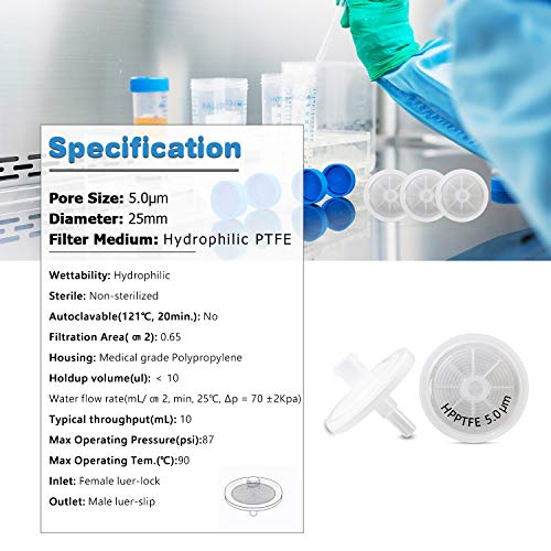 Image of PTFE Syringe Filters [Wettability: Hydrophilic] 25mm Diameter 5.0 μm Pore Size Laboratory Filtration by Allpure Biotechnology (Pack of 100) (Hydrophilic PTFE, 5.0 μm)