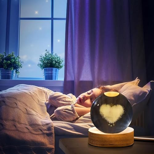 Image of 3D Crystal Ball LED Night Lamp with Wooden Base | Warm Light Bedside Table Lamp for Bedroom, Living Room, Kids Room, Study, Home Decoration & Gifting (Heart)