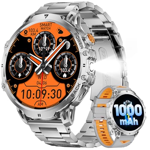 Image of LIGE Military Smart Watches for Men(2 Bands),1000mAh /1.85 inch HD Large Screen Smartwatch, Flashlight /110+ Sports Modes /IP68 Waterproof /Sleep Monitor, Fitness Tracker Watch for iOS Android,Silver