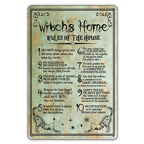 Letrero de metal con cita divertida de Witch's Home Rules, decoración de pared, retro Do Not Bring Spirits into the House para decoración del hogar, regalos