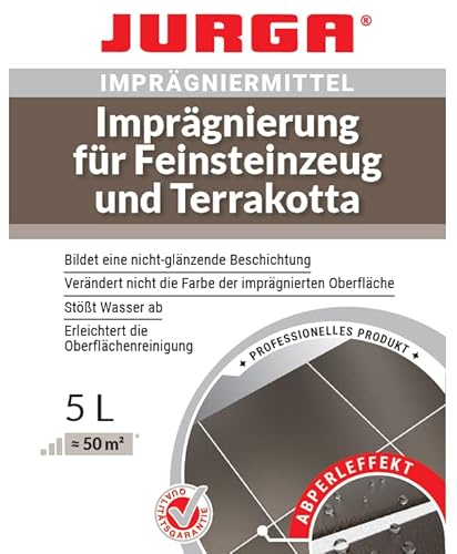 JURGA Feinsteinzeug Imprägnierung, Imprägnierung für Feinsteinzeug und Terraktta, Außen & Innen, Terractta & Feinsteinzeug Versiegelung, Lösemittelfrei, Kanister 5L