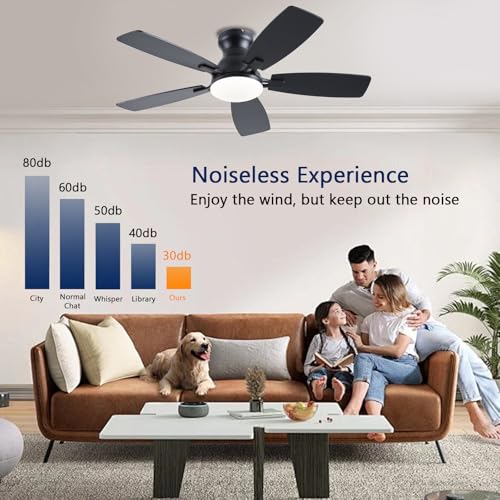 Image of JSAITEE Ceiling Fans with Lights, 42 Inch Low Profile Ceiling Fan with Light and Remote Control, Flush Mount, DC Reversible Motor, Noiseless, Black 6 Speeds Ceiling Fan for Bedroom