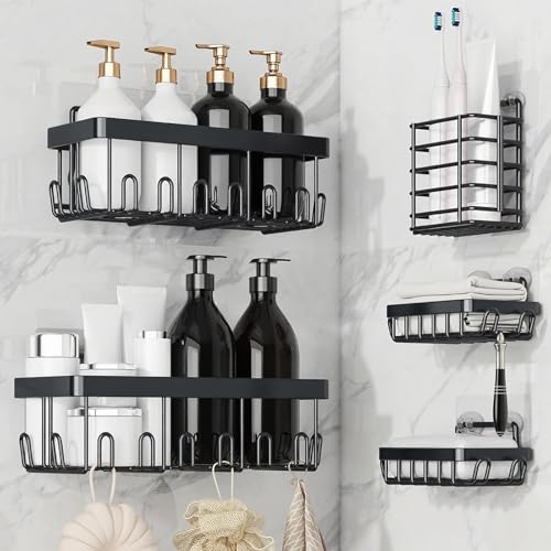 LeapBeast Mensola Doccia senza Foratura in Set da 5,Organizer per doccia,Mensola Doccia Angolare Senza Foratura,per appendere rasoio e spugna,adesivo,mensola da doccia,cestino portaoggetti (nero, A01)