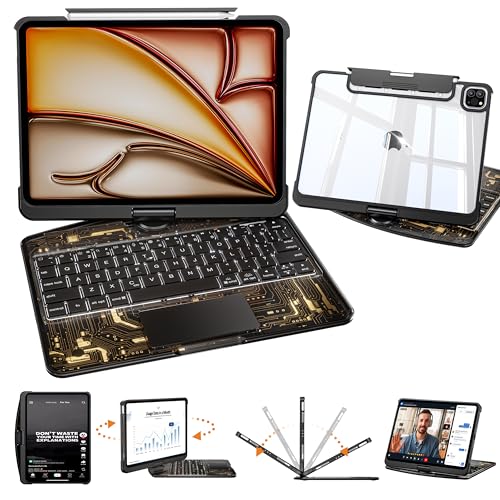 Image of Transparent Keyboard Case for iPad Pro 13 Inch (M5 2025 /M4 2024) with Multi-Touch Trackpad, 360 Rotating Stand, 7-Color 3-Level Backlit, Wireless Bluetooth, Pencil Holder, Black