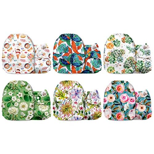 Mama Koala 3.0 Cloth Diapers for Babies with AWJ Lining, 6 Pack with 12 5-Layer Bboo(No Microfiber) Cloth Diaper Inserts - Reusable and Washable Pocket Diapers(12-My Warm Heart)