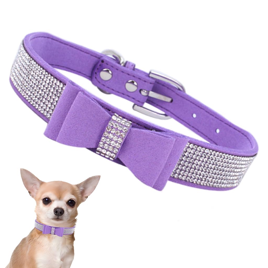 Rhinestone Dog Collar with Bow Tie, Cute Knot Crystal Bling Diamond Glitter Puppy Collars for XXS XS Small Medium Large Pet Girls Dogs Female Cats,