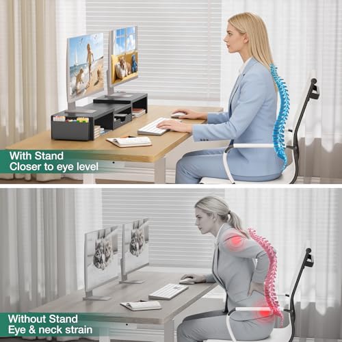 OPNICE Dual Monitor Stand Riser with Drawer and 2 Pen Holders, Desk Organizer for Office Supplies, Computer Monitor Stand for Desk, Workspace Desk Accessories for Home Office, Black - Thumbnail 7