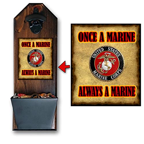 Marine Corps Bottle Opener and Cap Catcher, Wall Mounted - Handcrafted by a Vet - 100% Solid Pine 3/4