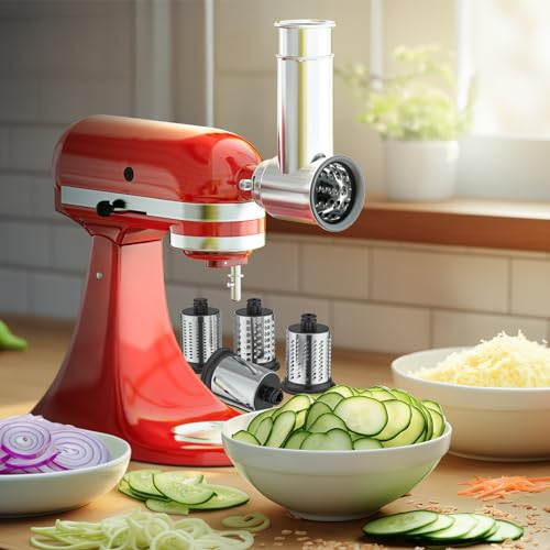Image of Stainless Steel Slicer Shredder Attachment for KitchenAid Stand Mixer, Includes Cheese Grater,Grinding Powder,Vegetable Slicer Shredder for KitchenAid cheese grater attachments with 4 Blades by HOZODO
