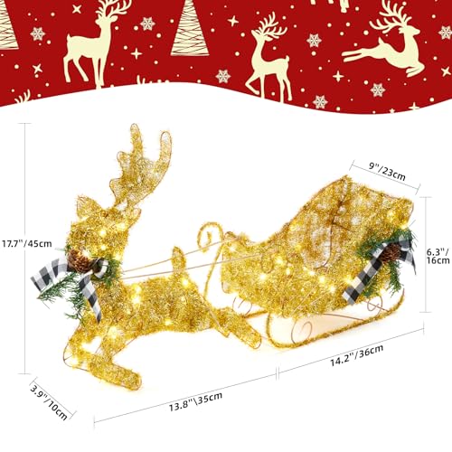 GarveeHome Gold Reindeer and Sleigh Set for Christmas Decorations, Metal Frame Christmas Elk Ornaments, Iron Xmas Centerpiece for Indoor Home Decor, Holiday Display