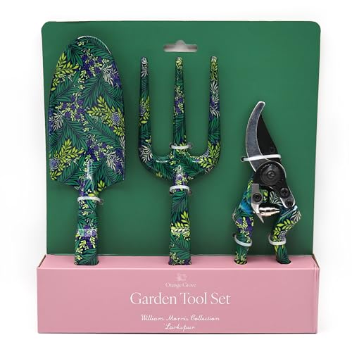 Juego de Herramientas de jardín, Tenedor, Paleta y Tijeras de podar, diseño William Morris Larkspur, Verde