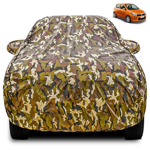 Image of FABTEC Car Body Cover for Maruti Celerio Jungle Print with Soft Cotton Lining Waterproof Car Cover UV & Rain Protection with Mirror Pocket Bottom Elastic (Military /Camouflage Pattern)