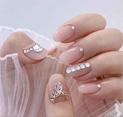 Cathercing 24 Pcs Crystal False Nails Medium Full Cover Artificial Nail Beauty Nails Fake Gel Tips Art Stickers for Women Girls Gift on Halloween Party(pink with crystal)