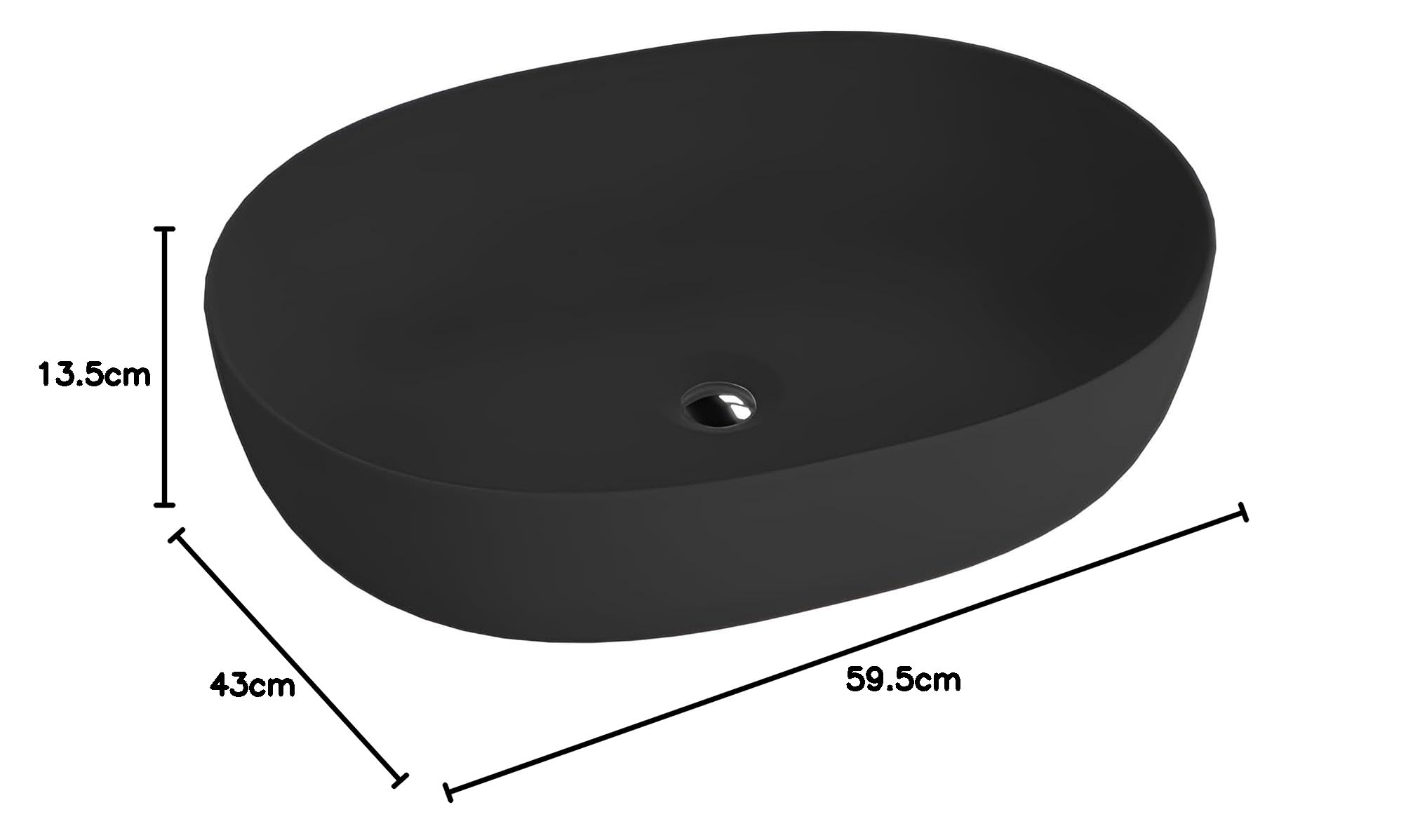 LAVITA Blas Black - Lavabo da appoggio ovale senza troppopieno e foro per rubinetto, in porcellana di alta qualità, moderno lavabo in ceramica, 59,5 x 43 x 13,5 cm, nero opaco