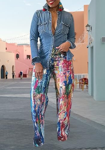 Women's Tie Dye Print Splash Jeans High Waisted Wide Leg Baggy Vintage Denim Pants with Pockets3