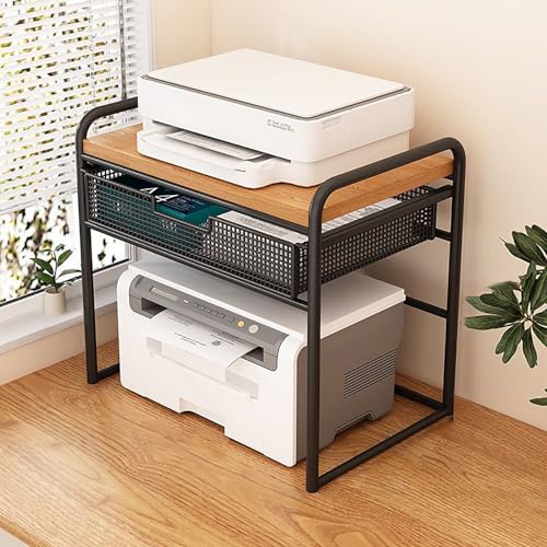 Soporte de impresora de 2 niveles con almacenamiento resistente debajo del escritorio para impresoras láser, escáneres y microondas, carrito de oficina en casa con cajón para ahorrar espacio para