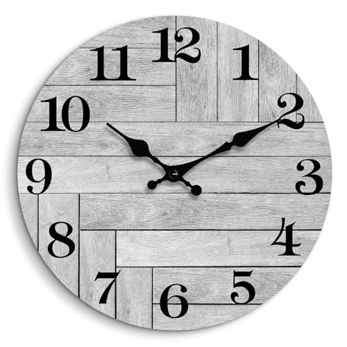 CHYLIN Horloge murale silencieuse grise à piles sans tic-tac, horloge décorative vintage rustique pour cuisine, salle de bain, salon, chambre à coucher (25,4 cm)