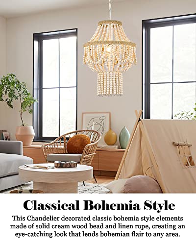 ELYONA Wood Beaded Chandelier, Boho Farmhouse Pendant Light Feature, Natural Birch Wood, 16" Rustic Hanging Light, Country Chandelier for Bedroom, Kitchen, Dining Room, Living Room, Entryway, White - Image 6
