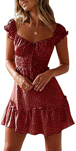 Image of Valphsio Womens Smocked Dress Ruffle Floral Tie Front Boho Short Dresses