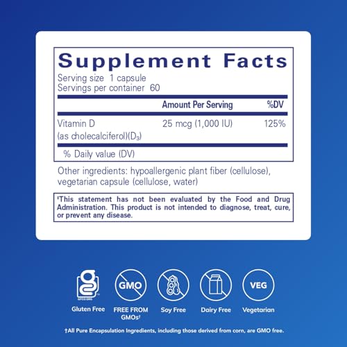 Image of Pure Encapsulations Vitamin D3 25 mcg (1,000 IU) - Supplement to Support Bone, Joint, Breast, Heart, Colon & Immune Health* - with Premium Vitamin D - 60 Capsules
