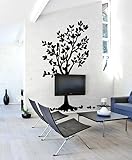 AnOL (59 x 100 cm) winylowa naklejka ścienna drzewo z ptakami i kwiatami/natura usuwalna artystyczna dekoracja naklejka/dom DIY mural + bezpłatna losowa naklejka prezent