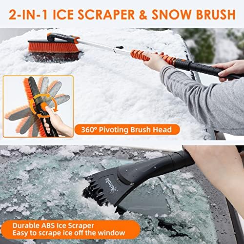 AstroAI 120cm Ice Scraper and Extendable Snow Brush for Car Windshield and Foam Grip with 360° Pivoting Brush Head for Christmas Car Auto Truck SUV