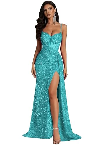 Woyiam Spaghetti Strap Sequin Mermaid Prom Dresses with Slit Turquoise 6