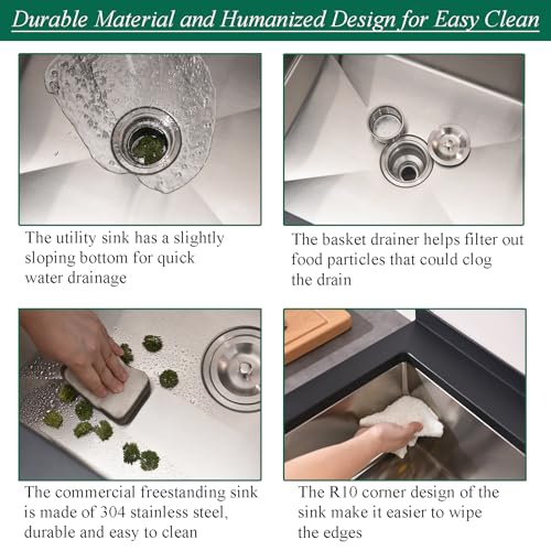 Bokaiya Black Stainless Steel Utility Sink Free Standing, Large Freestanding Laundry Sink with Faucet 16 Gauge Single Bowl Outdoor Commercial Sinks for Restaurant Garage (30.7\" x 21.6\" x 35\") - Thumbnail 6