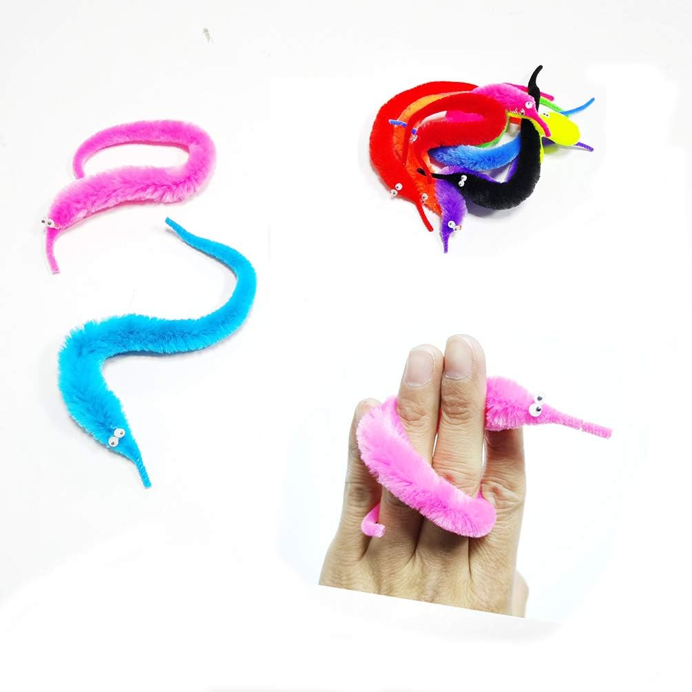 SHENGSEN 100 Pack Fuzzy Worm Toys String Pets Fuzzy Worms On String Bulk Trick Toy Party Favors for Kid Cat (10 Colors)