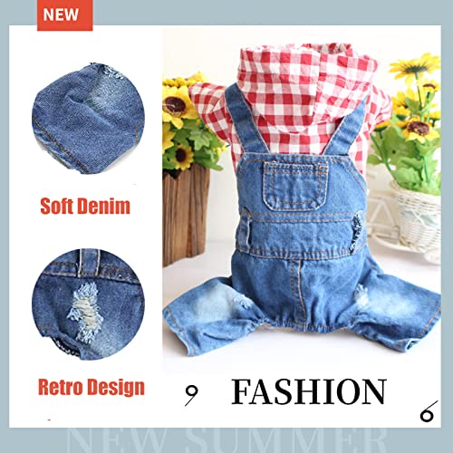 Tengzhi Dog Denim Jumpsuits Red Plaid Puppy Jean Jacket Hoodie Yorkie French Bulldog Overalls Coat Pet Clothes For Small Medium Dogs Cats Boy Girl (M) #TOP7