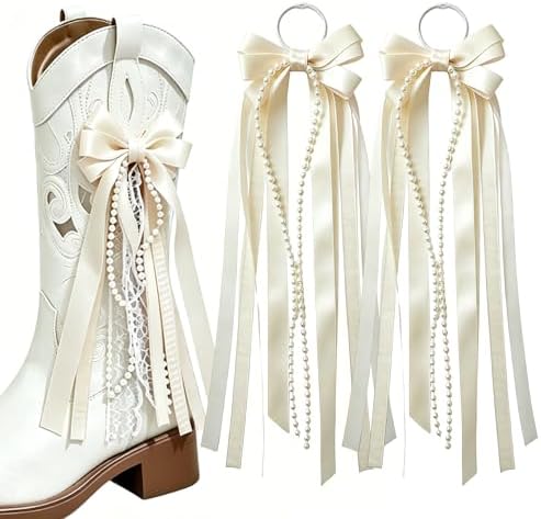 Boot Bows for Cowgirl Boots, Pearl Lace Ribbon Boot Bows with Layered Satin, Plaid and Ribbon Tails, Western Cowgirl Boot Accessories for Women, Bow Charms for Cowboy Boots, 2PCS (Cream White) image 3