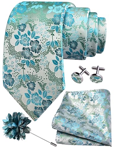 Image of GUSLESON 3.15 inch(8cm) Mens Floral Tie and Lapel Pin Necktie Hankerchief Cufflinks Set for Men