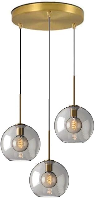 HJXDtech New Spheric Glass Pendant Light Industrial Retro Loft Bar Ceiling Lighting Fixture Antique Brass Finish Hanging Lamp (Grey, 3 Way Cluster)