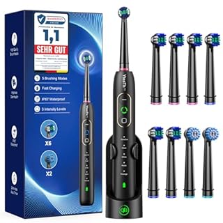 Spazzolino Elettrico Rotante per Adulti - Spazzolino Denti Rotante 3 Intensità, 5 Modalità, 8 Testine, Impermeabile IPX7, Spazzolino Elettrico Da Viaggio Ricaricabile, Nero