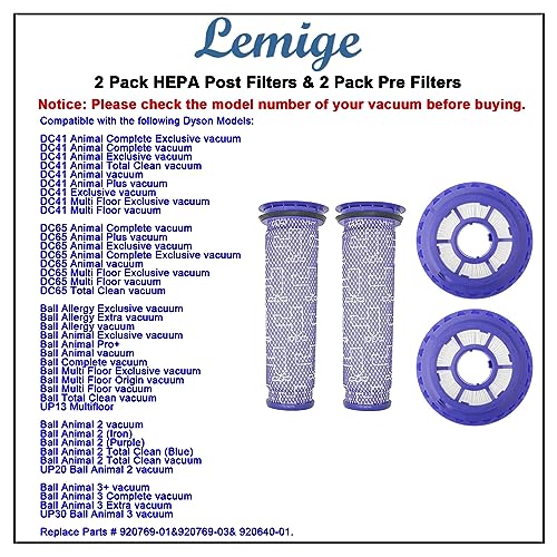 Lemige 2 Pack Post Filters & 2 Pack Pre Filters Replacement for Dyson DC41 DC65 DC66 UP13 UP20 UP30 Animal, Multi Floor and Ball Vacuum Ball Animal 2 Ball Animal 3, Compare to Part 920769-01&920640-01