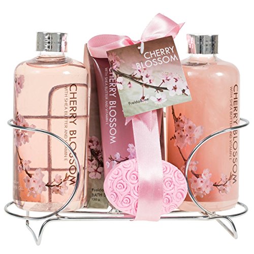 Bath, Body, and Spa Gift Set for Women, in Cherry Blossom Fragrance, includes a Shower Gel, Bubble Bath, Body Lotion, Bath Salts, and Pink Flower Bath Salt, with Shea Butter and Vitamin E