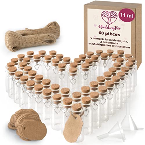 WeddingTree 60 x Petite Bouteille/Fiole en Verre 60 x 11ml - Tube a Essai pour Les Mariages - Contenant Dragées Set avec Liège et Pendentif en Forme de Coeur