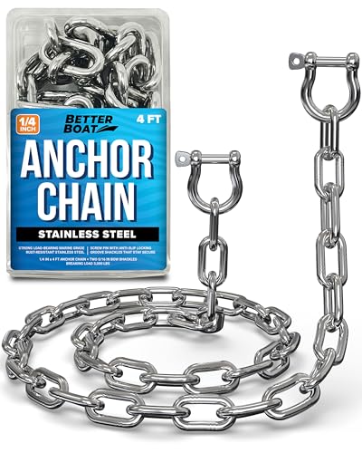 stainless steel anchor chain, marine grade boat accessories with double shackle link ends, 4 ft length, 1/4" width for boats