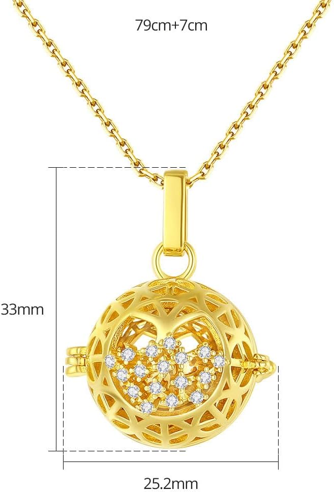 14K Gold Hollow Sphere Pendant Necklace, Openwork Heart Design Long Chain Jewelry for Women