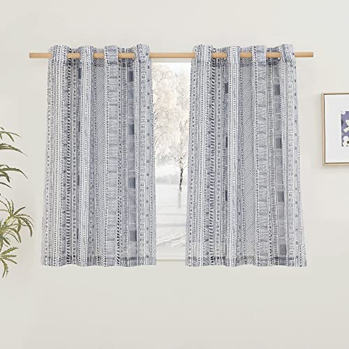 NICETOWN Vintage Flax Linen Semitransparent Sheer Bedroom Curtains 45" L, Decorative Bohemian Window Treatment Privacy with Light Through for Nursery/Bathroom, 100" Wide Total 2 Panels, Navy