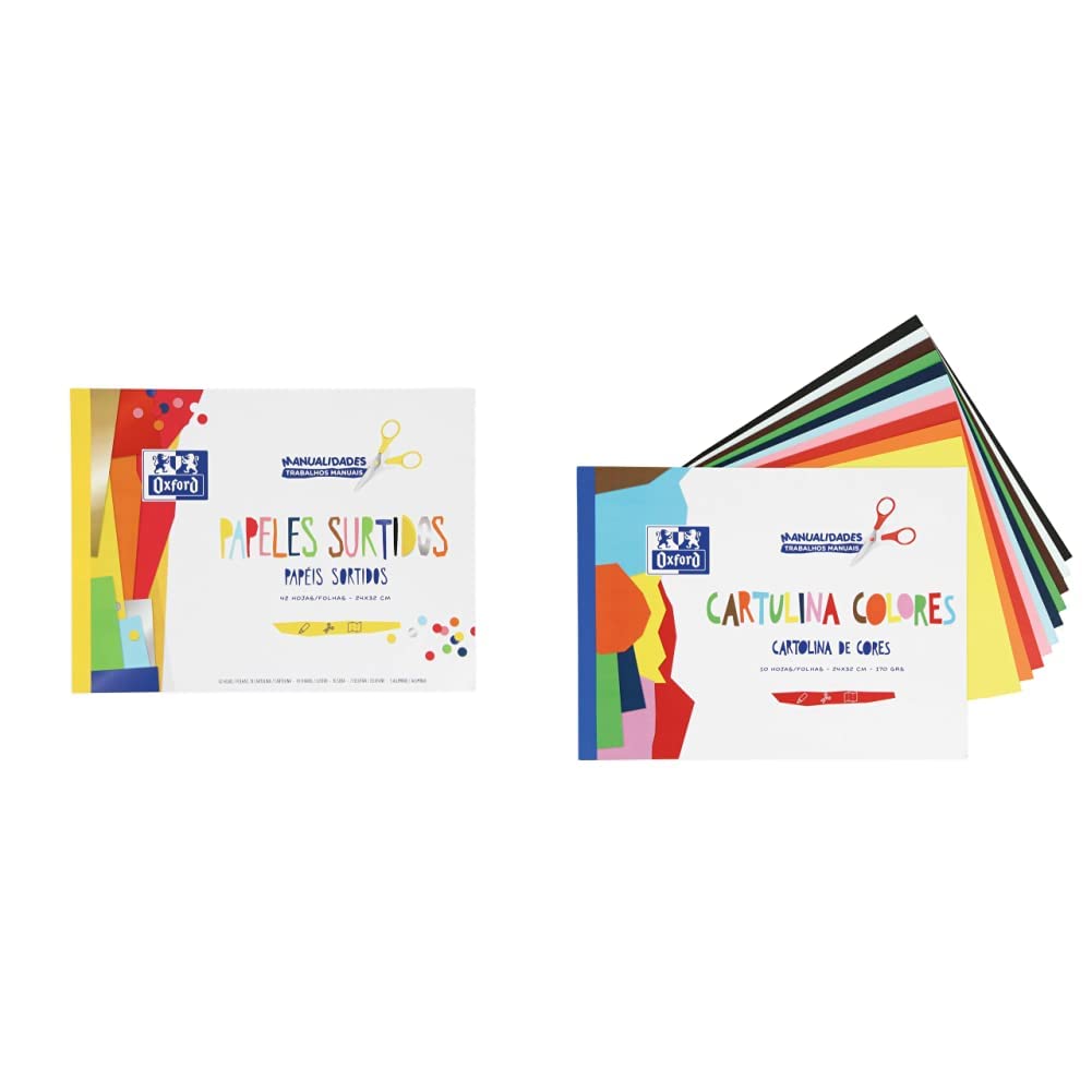 Oxford, Bloc papeles surtidos, 42 hojas de diferentes tipos de papel, tapa blanda flexible. & Bloc de Cartulinas de Colores 10 Hojas en 10 colores surtidos encoladas. Cartulina de 170gr. oferta Amazon