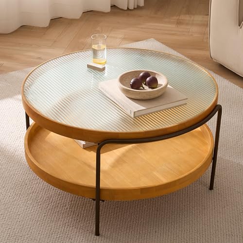 Table basse ronde, table de salon circulaire à deux niveaux avec espace de rangement, table basse avec structure en bois et plateau en verre trempé, idéale...