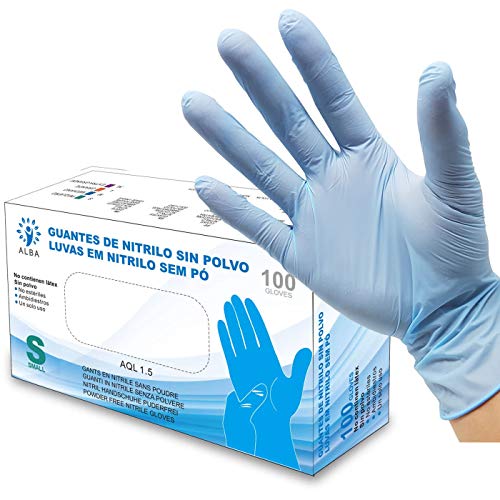Guantes de Nitrilo Sin Polvo - Talla S - AQL 1.5 Guantes Desechables Ambidiestros Reciclables. Ideales para uso de alimentos, limpieza, bricolaje, belleza, industrial y sanitario. Color Azul