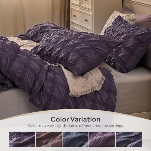 Image of JELLYMONI Seersucker Duvet Cover Set Full, 3pcs Purple-Grid Polyester | In Guest Room & Studio, Single Upgrades Pick, Crinkled Texture, Oeko-Tex Certified, 8 Corner Ties & Hidden Zipper