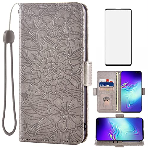 Étui portefeuille compatible avec Samsung Galaxy S10 5G et protecteur d'écran en verre trempé, porte-cartes et support magnétique en cuir pour téléphone...