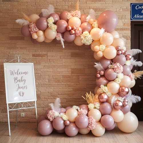 Image of RUBFAC Dusty Pink Balloons 129pcs Different Sizes Pack of 18 12 10 5 Inch, Latex Boho Blush Pink Balloon Garland Arch Kit for Baby Shower Engagement Bachelorette Wedding Birthday Party Decorations